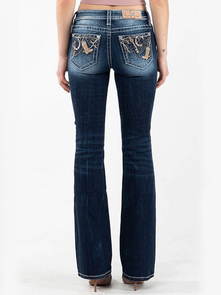 Miss Me M3937B Womens Mid-Rise Bootcut Jeans Dark Blue back view. If you need any assistance with this item or the purchase of this item please call us at five six one seven four eight eight eight zero one Monday through Saturday 10:00a.m EST to 8:00 p.m EST