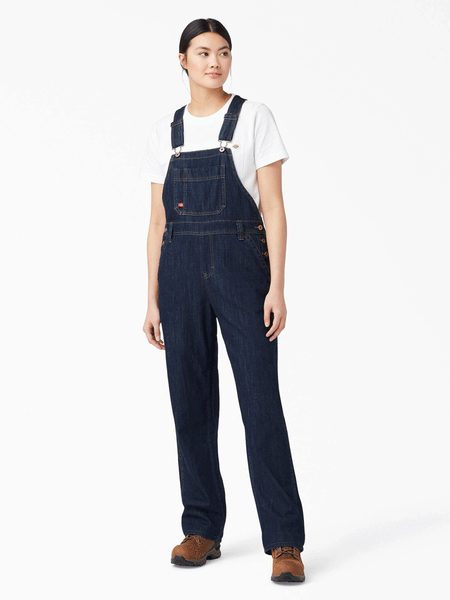 Dickies FB206DIB Womens Relaxed Fit Bib Overalls Dark Indigo front view. If you need any assistance with this item or the purchase of this item please call us at five six one seven four eight eight eight zero one Monday through Saturday 10:00a.m EST to 8:00 p.m EST