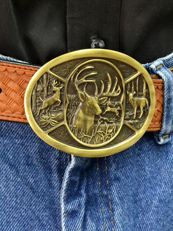 Montana Silversmiths 60796C Deer Heritage Attitude Belt Buckle front view. If you need any assistance with this item or the purchase of this item please call us at five six one seven four eight eight eight zero one Monday through Saturday 10:00a.m EST to 8:00 p.m EST