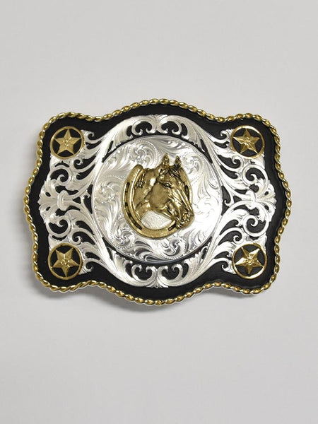 Montana Silversmiths 61360-642 Large Scalloped Horsehead Sheridan Style Buckle Silver  front view. If you need any assistance with this item or the purchase of this item please call us at five six one seven four eight eight eight zero one Monday through Saturday 10:00a.m EST to 8:00 p.m EST
