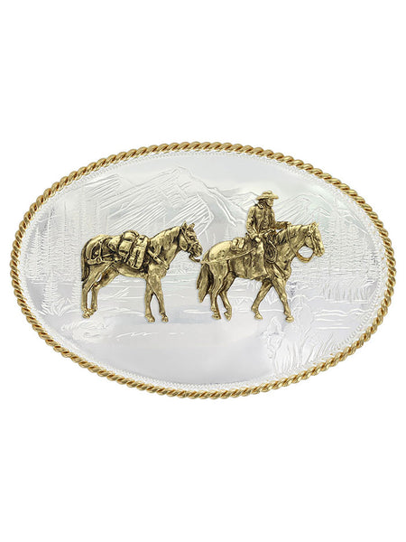 Montana Silversmiths 6250-35 Etched Mountains Western Belt Buckle with Pack Horse and Rider Silver front view. If you need any assistance with this item or the purchase of this item please call us at five six one seven four eight eight eight zero one Monday through Saturday 10:00a.m EST to 8:00 p.m EST