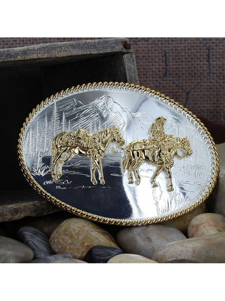 Montana Silversmiths 6250-35 Etched Mountains Western Belt Buckle with Pack Horse and Rider Silver on display. If you need any assistance with this item or the purchase of this item please call us at five six one seven four eight eight eight zero one Monday through Saturday 10:00a.m EST to 8:00 p.m EST