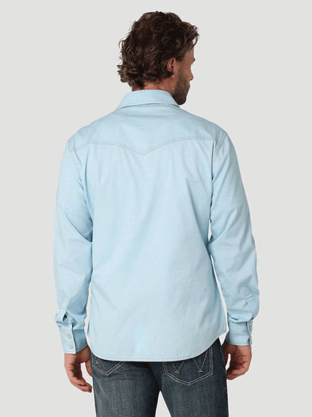 Wrangler 112324804 Mens Retro Long Sleeve Shirt Cool Blue back view. If you need any assistance with this item or the purchase of this item please call us at five six one seven four eight eight eight zero one Monday through Saturday 10:00a.m EST to 8:00 p.m EST