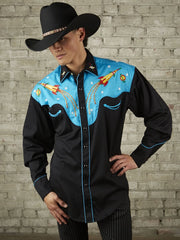 Rockmount 6726 Mens 2 Tone Space Cowboy Embroidered Western Shirt Black Turquoise front view. If you need any assistance with this item or the purchase of this item please call us at five six one seven four eight eight eight zero one Monday through Saturday 10:00a.m EST to 8:00 p.m EST