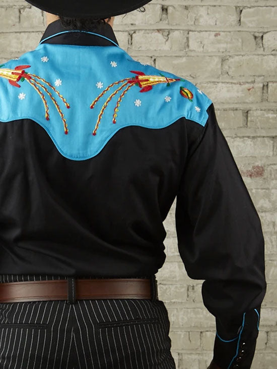 Rockmount 6726 Mens 2 Tone Space Cowboy Embroidered Western Shirt Black Turquoise front view. If you need any assistance with this item or the purchase of this item please call us at five six one seven four eight eight eight zero one Monday through Saturday 10:00a.m EST to 8:00 p.m EST