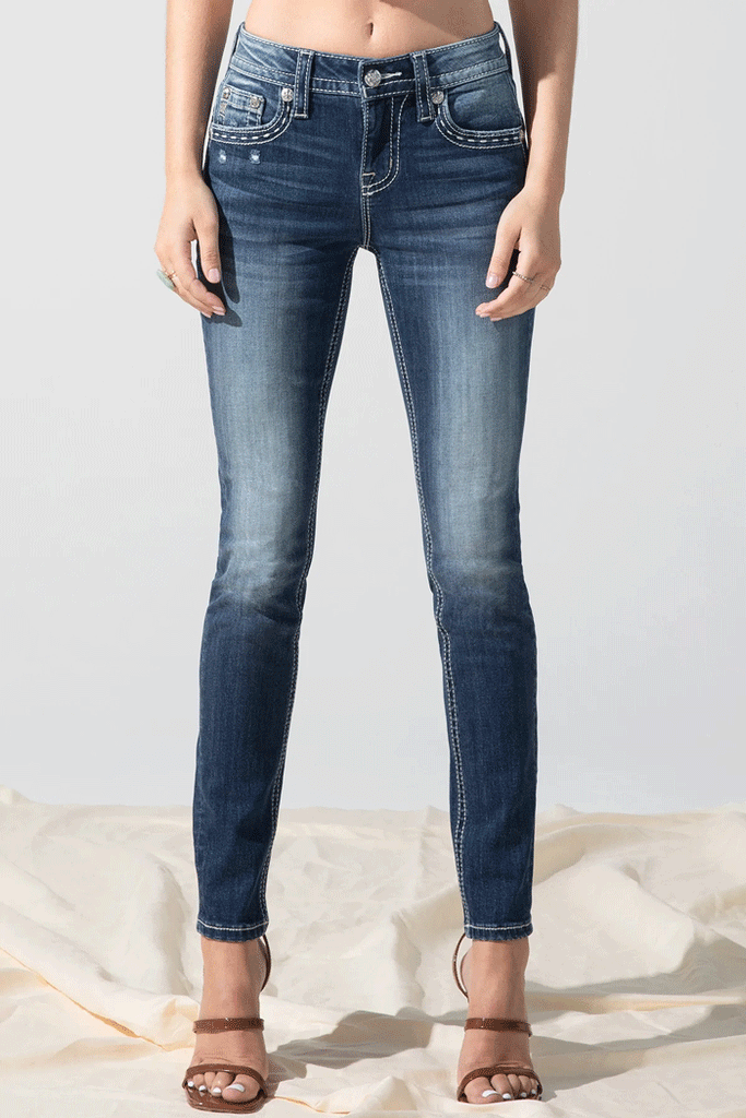 Miss Me M3080S31 Womens MM's Secret Skinny Jeans Medium Blue back view. If you need any assistance with this item or the purchase of this item please call us at five six one seven four eight eight eight zero one Monday through Saturday 10:00a.m EST to 8:00 p.m EST