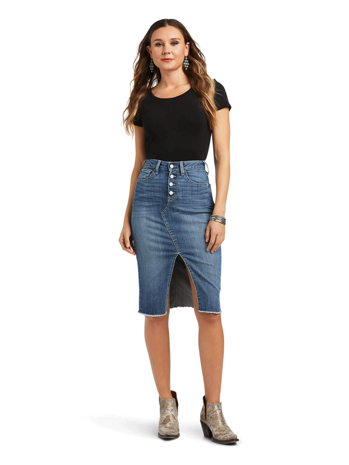 Ariat 10040577 Womens Denim Skirt Eleanor front view. If you need any assistance with this item or the purchase of this item please call us at five six one seven four eight eight eight zero one Monday through Saturday 10:00a.m EST to 8:00 p.m EST