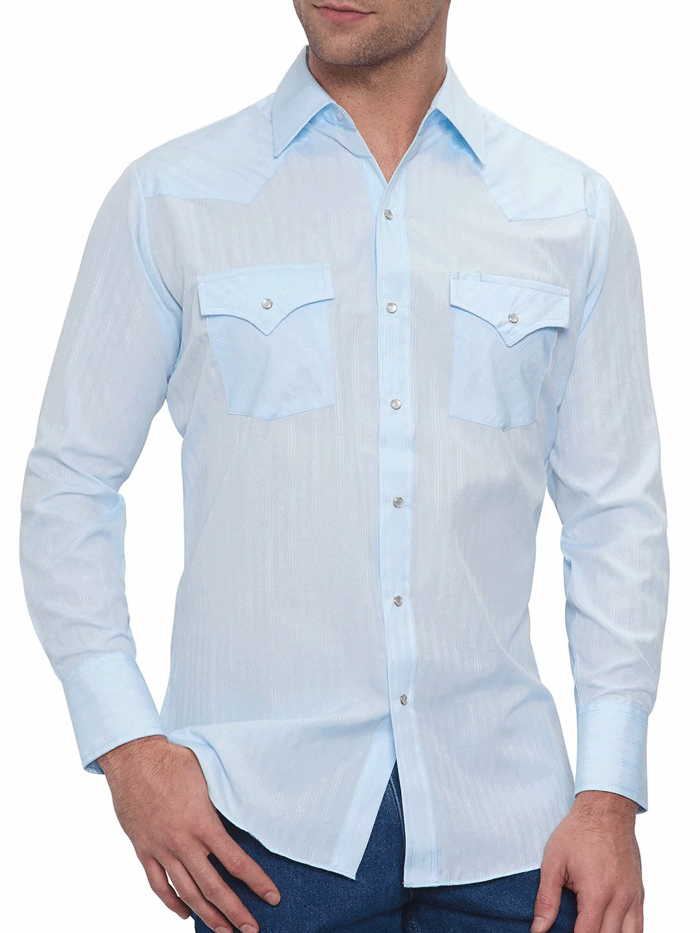 Ely Cattleman 15201934-82 Mens Long Sleeve Tone On Tone Western Tonal Blue front view tucked in. If you need any assistance with this item or the purchase of this item please call us at five six one seven four eight eight eight zero one Monday through Saturday 10:00a.m EST to 8:00 p.m EST