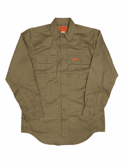 Wrangler 112319239 Mens Flame Resistant 20X Vented Work Shirt Khaki front view. If you need any assistance with this item or the purchase of this item please call us at five six one seven four eight eight eight zero one Monday through Saturday 10:00a.m EST to 8:00 p.m EST