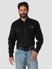 Wrangler 112317124 Mens Mexico Flag Logo Snap Shirt Black front view. If you need any assistance with this item or the purchase of this item please call us at five six one seven four eight eight eight zero one Monday through Saturday 10:00a.m EST to 8:00 p.m EST