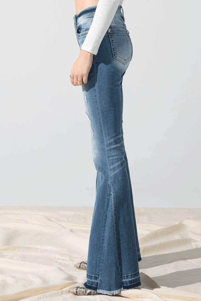 Miss Me H3636F56 Womens Not So Fray High Rise Flare Jeans Light Blue back view. If you need any assistance with this item or the purchase of this item please call us at five six one seven four eight eight eight zero one Monday through Saturday 10:00a.m EST to 8:00 p.m EST