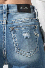 Miss Me H3636F56 Womens Not So Fray High Rise Flare Jeans Light Blue back pocket close up. If you need any assistance with this item or the purchase of this item please call us at five six one seven four eight eight eight zero one Monday through Saturday 10:00a.m EST to 8:00 p.m EST
