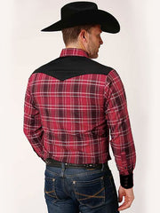 Roper 01-001-0087-1001 Mens Long Sleeve Western Plaid Shirt Red back view. If you need any assistance with this item or the purchase of this item please call us at five six one seven four eight eight eight zero one Monday through Saturday 10:00a.m EST to 8:00 p.m EST
