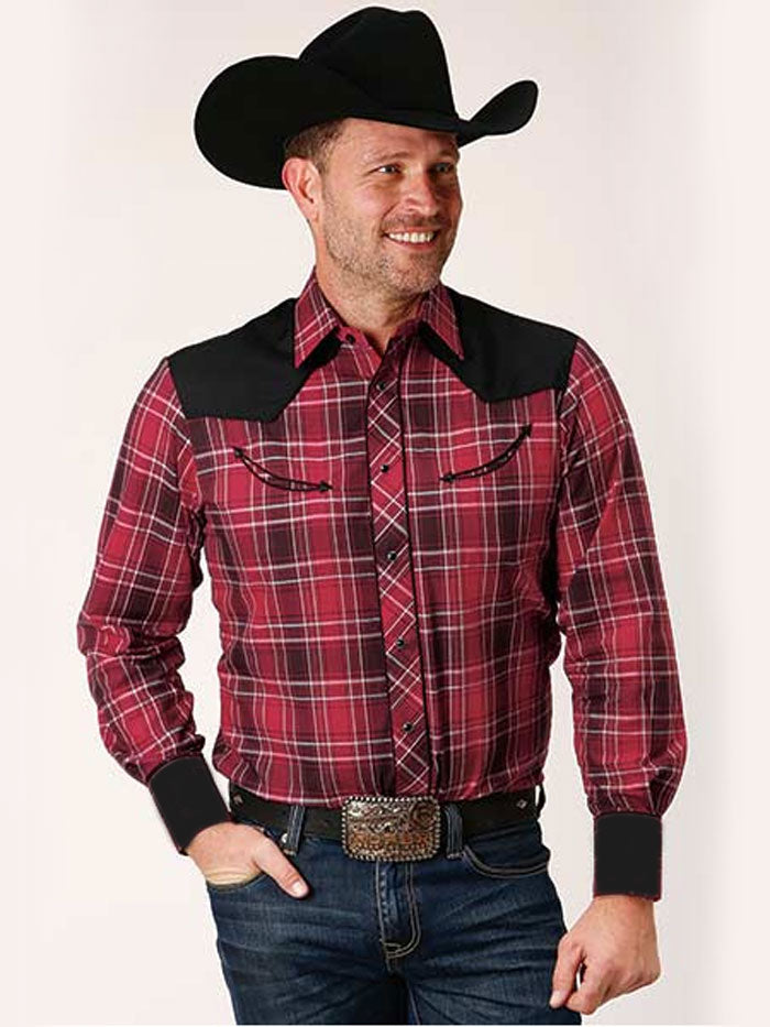 Roper 01-001-0087-1001 Mens Long Sleeve Western Plaid Shirt Red front view. If you need any assistance with this item or the purchase of this item please call us at five six one seven four eight eight eight zero one Monday through Saturday 10:00a.m EST to 8:00 p.m EST