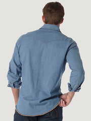 Wrangler 70127SW Mens Cowboy Cut Long Sleeve Western Denim Work Shirt Stonewash back view. If you need any assistance with this item or the purchase of this item please call us at five six one seven four eight eight eight zero one Monday through Saturday 10:00a.m EST to 8:00 p.m EST