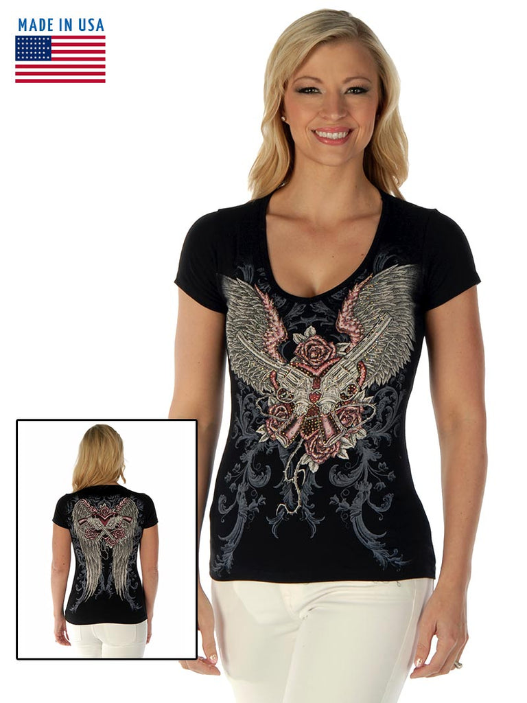 Liberty Wear 7162 Womens Guns & Wings V-Neck Top Black front and back view. If you need any assistance with this item or the purchase of this item please call us at five six one seven four eight eight eight zero one Monday through Saturday 10:00a.m EST to 8:00 p.m EST