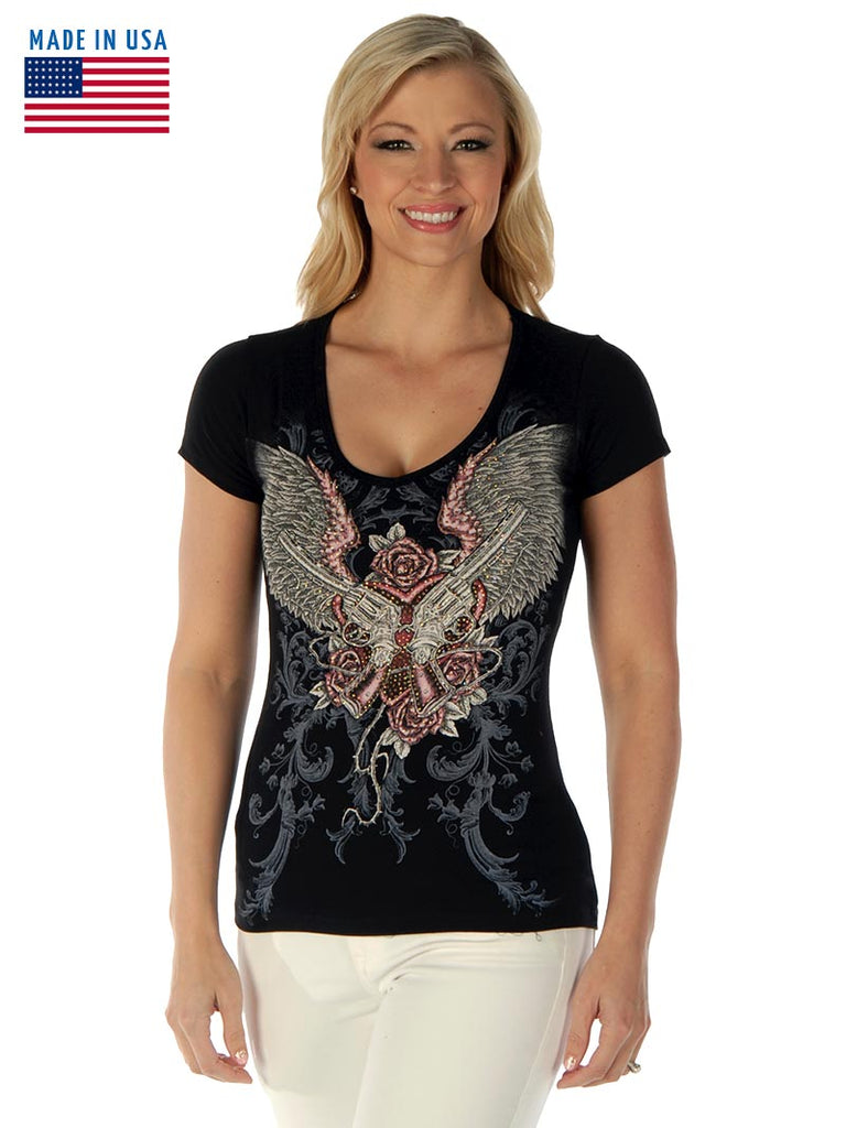 Liberty Wear 7162 Womens Guns & Wings V-Neck Top Black front and back view. If you need any assistance with this item or the purchase of this item please call us at five six one seven four eight eight eight zero one Monday through Saturday 10:00a.m EST to 8:00 p.m EST