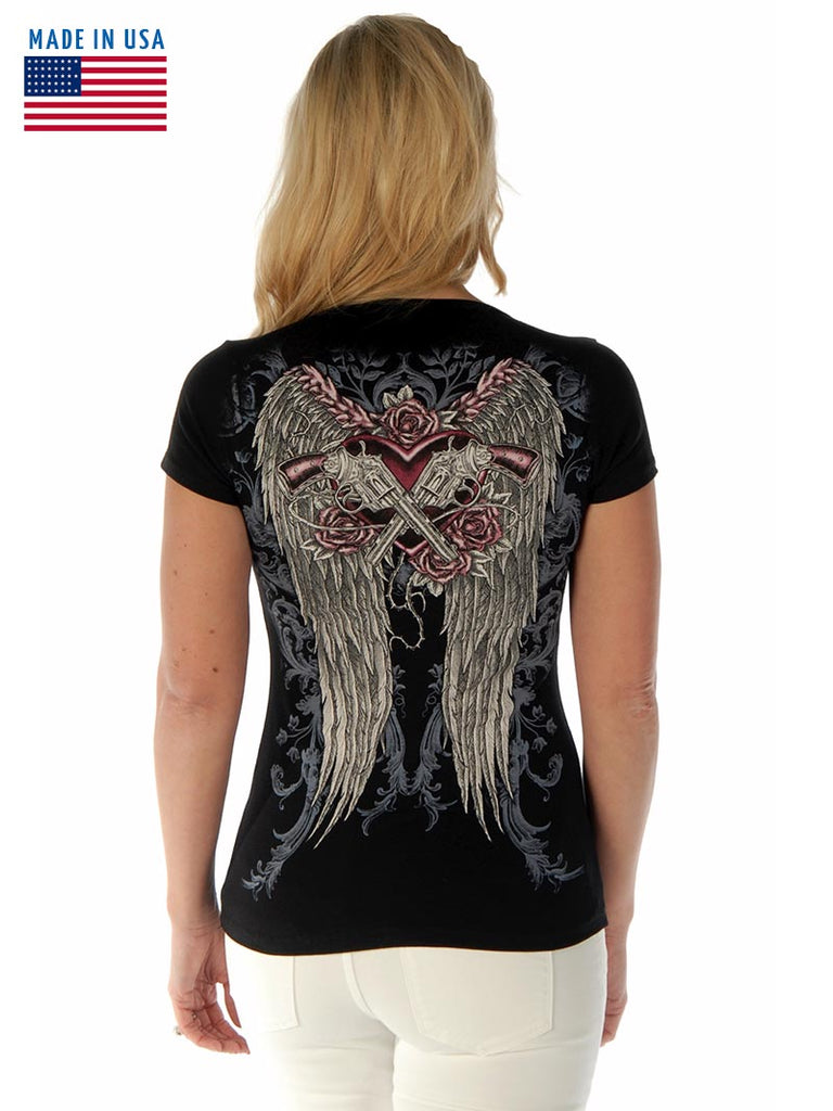 Liberty Wear 7162 Womens Guns & Wings V-Neck Top Black front and back view. If you need any assistance with this item or the purchase of this item please call us at five six one seven four eight eight eight zero one Monday through Saturday 10:00a.m EST to 8:00 p.m EST