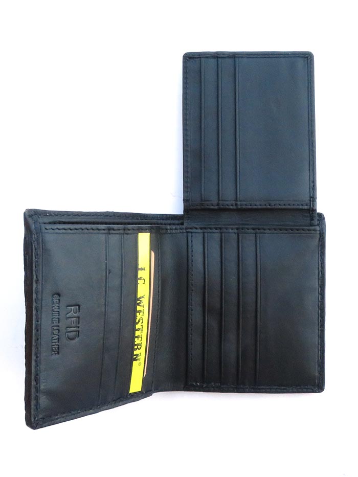 Skin Shop 7206 Mens RFID Blocking Caiman Bi-Fold Wallet Black front view. If you need any assistance with this item or the purchase of this item please call us at five six one seven four eight eight eight zero one Monday through Saturday 10:00a.m EST to 8:00 p.m EST