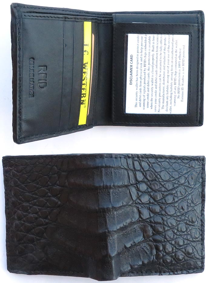 Skin Shop 7206 Mens RFID Blocking Caiman Bi-Fold Wallet Black front view. If you need any assistance with this item or the purchase of this item please call us at five six one seven four eight eight eight zero one Monday through Saturday 10:00a.m EST to 8:00 p.m EST