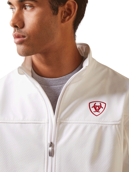 Ariat 10043549 Mens New Team Softshell MEXICO Jacket White front close up. If you need any assistance with this item or the purchase of this item please call us at five six one seven four eight eight eight zero one Monday through Saturday 10:00a.m EST to 8:00 p.m EST
