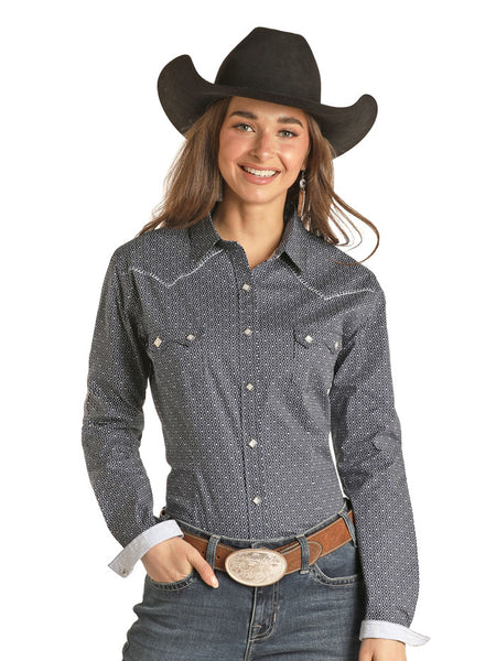 Panhandle RSWSOSR0ED Womens Geo Long Sleeve Snap Shirt Light Navy front view. If you need any assistance with this item or the purchase of this item please call us at five six one seven four eight eight eight zero one Monday through Saturday 10:00a.m EST to 8:00 p.m EST