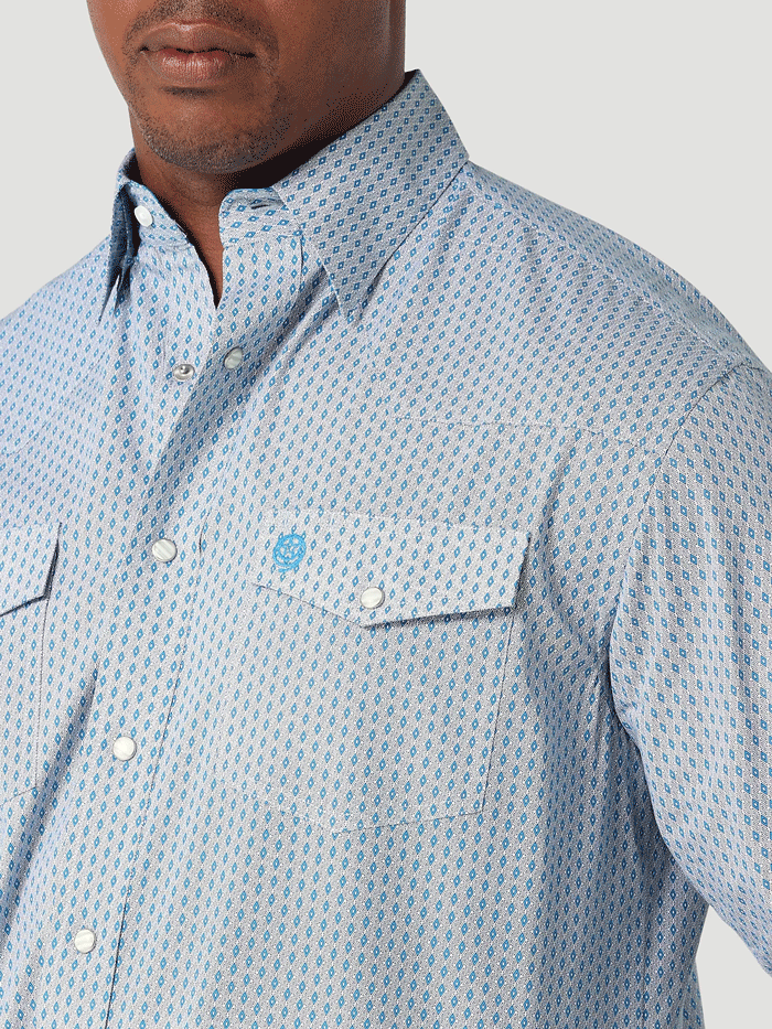 Wrangler 112317163 Mens George Strait Troubadour Long Sleeve Shirt Tranquil Diamonds front view. If you need any assistance with this item or the purchase of this item please call us at five six one seven four eight eight eight zero one Monday through Saturday 10:00a.m EST to 8:00 p.m EST