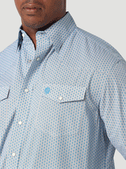 Wrangler 112317163 Mens George Strait Troubadour Long Sleeve Shirt Tranquil Diamonds front close up. If you need any assistance with this item or the purchase of this item please call us at five six one seven four eight eight eight zero one Monday through Saturday 10:00a.m EST to 8:00 p.m EST
