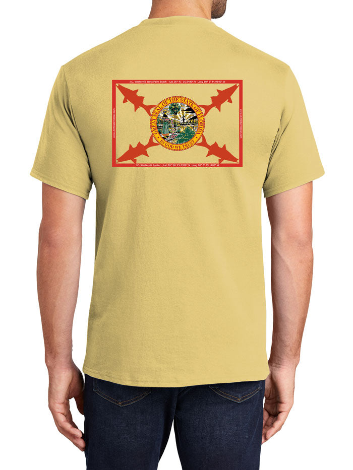 JC Western 7PC61SS Mens Florida Snook Short Sleeve Tees Daffodil Yellow Back View on model. If you need any assistance with this item or the purchase of this item please call us at five six one seven four eight eight eight zero one Monday through Saturday 10:00a.m EST to 8:00 p.m EST