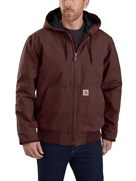 Carhartt 104050-224 Mens Washed Duck Insulated Active Jac Dark Cedar front view on model. If you need any assistance with this item or the purchase of this item please call us at five six one seven four eight eight eight zero one Monday through Saturday 10:00a.m EST to 8:00 p.m EST