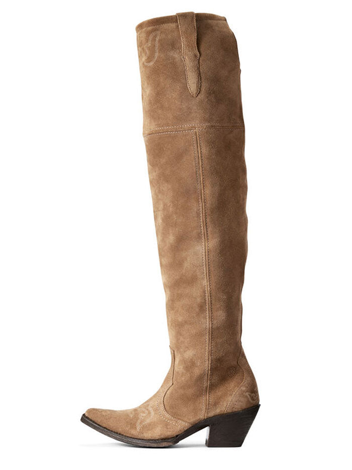 Ariat 10029674 Womens Pandora Western Boot Dijon Suede side and front view. If you need any assistance with this item or the purchase of this item please call us at five six one seven four eight eight eight zero one Monday through Saturday 10:00a.m EST to 8:00 p.m EST