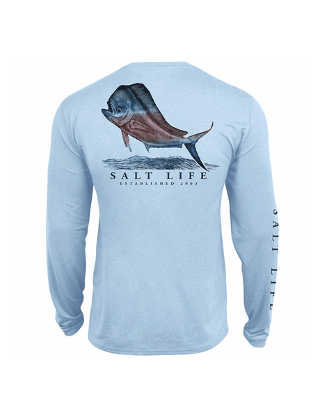 Salt Life SLM6225 Mens MAHI PRIDE Pocket Long Sleeve Tee Airy Blue Heather back view. If you need any assistance with this item or the purchase of this item please call us at five six one seven four eight eight eight zero one Monday through Saturday 10:00a.m EST to 8:00 p.m EST