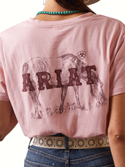 Ariat 10043410 Womens Real Grazin Tee Coral Blush back close up. If you need any assistance with this item or the purchase of this item please call us at five six one seven four eight eight eight zero one Monday through Saturday 10:00a.m EST to 8:00 p.m EST