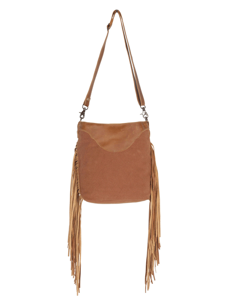 Myra Bag S-4376 Womens Accelerate Hand Tooled Bag Tan back view hanging. If you need any assistance with this item or the purchase of this item please call us at five six one seven four eight eight eight zero one Monday through Saturday 10:00a.m EST to 8:00 p.m EST