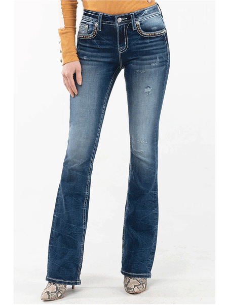 Miss Me M3444B51 Mid-Rise Boot Jean Peace and Love Dark Blue front view. If you need any assistance with this item or the purchase of this item please call us at five six one seven four eight eight eight zero one Monday through Saturday 10:00a.m EST to 8:00 p.m EST