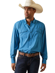Ariat 10043422 Mens VentTEK Outbound Classic Fit Long Sleeve Shirt Cendre Blue front view. If you need any assistance with this item or the purchase of this item please call us at five six one seven four eight eight eight zero one Monday through Saturday 10:00a.m EST to 8:00 p.m EST