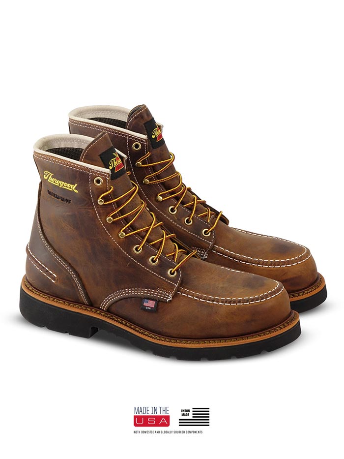 Thorogood 804-3696 Mens Waterproof Moc Toe Boot Crazyhorse Brown pair side view. If you need any assistance with this item or the purchase of this item please call us at five six one seven four eight eight eight zero one Monday through Saturday 10:00a.m EST to 8:00 p.m EST
