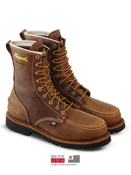 Thorogood 804-3898 Mens Waterproof Safety Toe Boot Crazyhorse Brown side view of pair. If you need any assistance with this item or the purchase of this item please call us at five six one seven four eight eight eight zero one Monday through Saturday 10:00a.m EST to 8:00 p.m EST