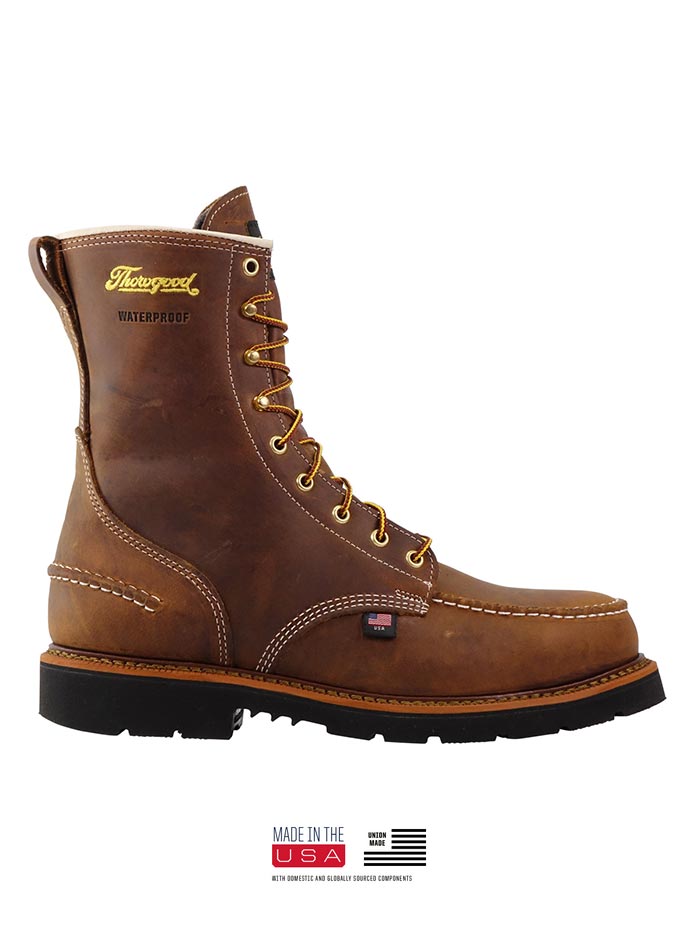 Thorogood 804-3898 Mens Waterproof Safety Toe Boot Crazyhorse Brown side view of pair. If you need any assistance with this item or the purchase of this item please call us at five six one seven four eight eight eight zero one Monday through Saturday 10:00a.m EST to 8:00 p.m EST