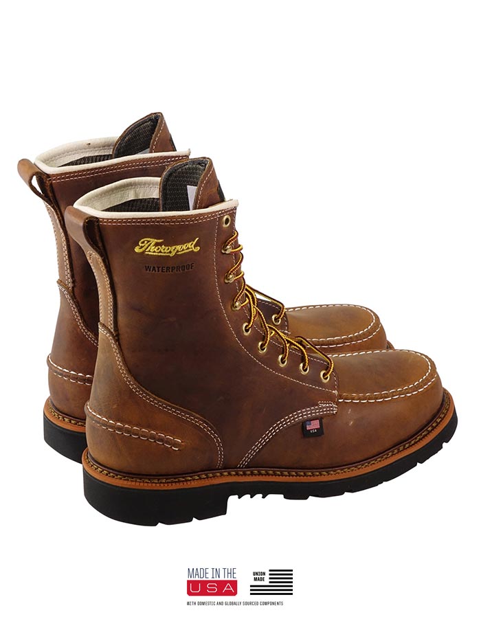 Thorogood 804-3898 Mens Waterproof Safety Toe Boot Crazyhorse Brown side view of pair. If you need any assistance with this item or the purchase of this item please call us at five six one seven four eight eight eight zero one Monday through Saturday 10:00a.m EST to 8:00 p.m EST