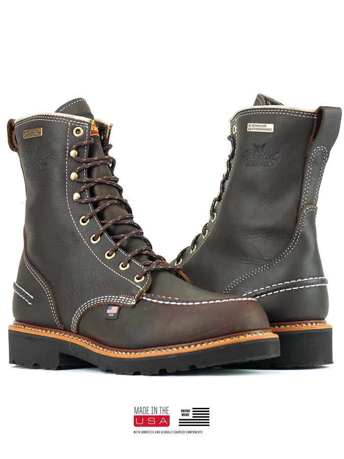 Thorogood 814-4141 Mens Flyway USA Waterproof 8″ Work Boot Briar Pitstop side view of pair. If you need any assistance with this item or the purchase of this item please call us at five six one seven four eight eight eight zero one Monday through Saturday 10:00a.m EST to 8:00 p.m EST
