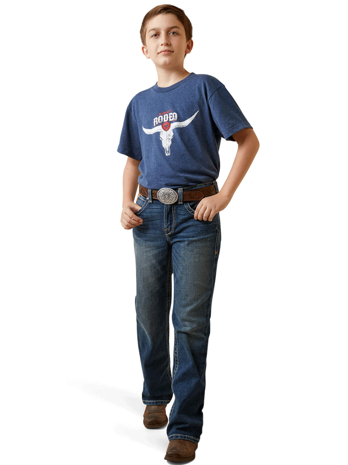 Ariat 10045293 Kids Rodeo Skull T-Shirt Navy Heather front view. If you need any assistance with this item or the purchase of this item please call us at five six one seven four eight eight eight zero one Monday through Saturday 10:00a.m EST to 8:00 p.m EST