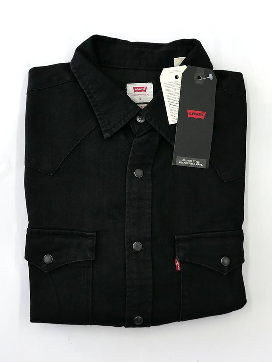 Levi's 85745-0000 Mens Barstow Classic Western Denim Snap Shirt Black folded. If you need any assistance with this item or the purchase of this item please call us at five six one seven four eight eight eight zero one Monday through Saturday 10:00a.m EST to 8:00 p.m EST