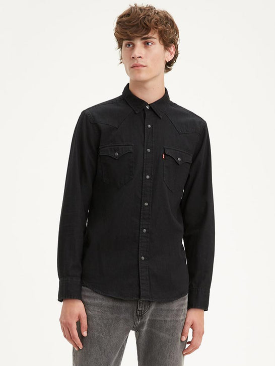Levi's 85745-0000 Mens Barstow Classic Western Denim Snap Shirt Black Front View. If you need any assistance with this item or the purchase of this item please call us at five six one seven four eight eight eight zero one Monday through Saturday 10:00a.m EST to 8:00 p.m EST