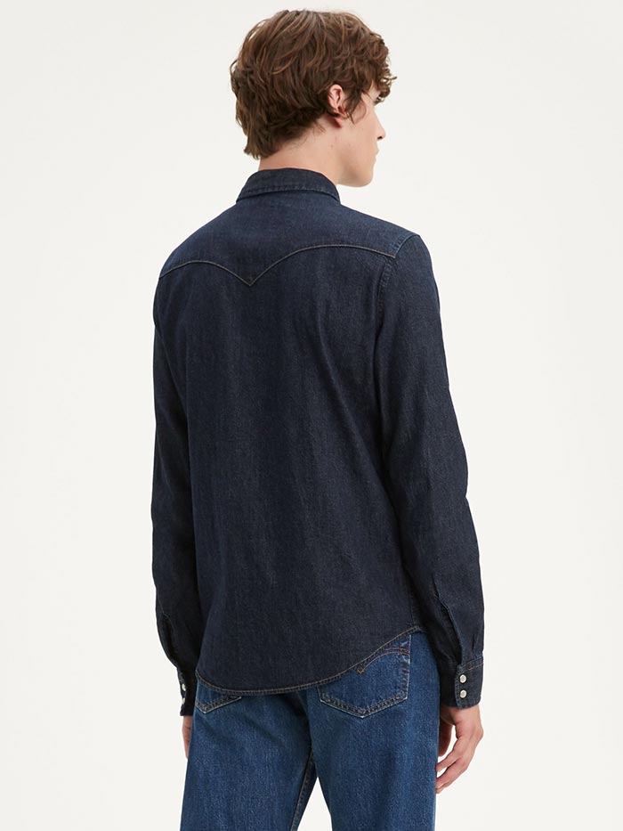 Levi's 857450002 Mens Classic Western Denim Snap Shirt Dark Wash front view. If you need any assistance with this item or the purchase of this item please call us at five six one seven four eight eight eight zero one Monday through Saturday 10:00a.m EST to 8:00 p.m EST