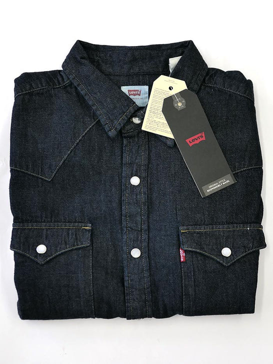 Levi's 857450002 Mens Classic Western Denim Snap Shirt Dark Wash folded. If you need any assistance with this item or the purchase of this item please call us at five six one seven four eight eight eight zero one Monday through Saturday 10:00a.m EST to 8:00 p.m EST