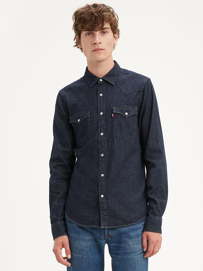 Levi's 857450002 Mens Classic Western Denim Snap Shirt Dark Wash front view. If you need any assistance with this item or the purchase of this item please call us at five six one seven four eight eight eight zero one Monday through Saturday 10:00a.m EST to 8:00 p.m EST
