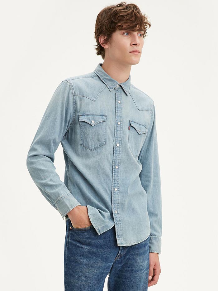 Levi's 85745-0003 Mens Barstow Classic Western Denim Snap Shirt Stone Wash Front view 857450003 Front View
