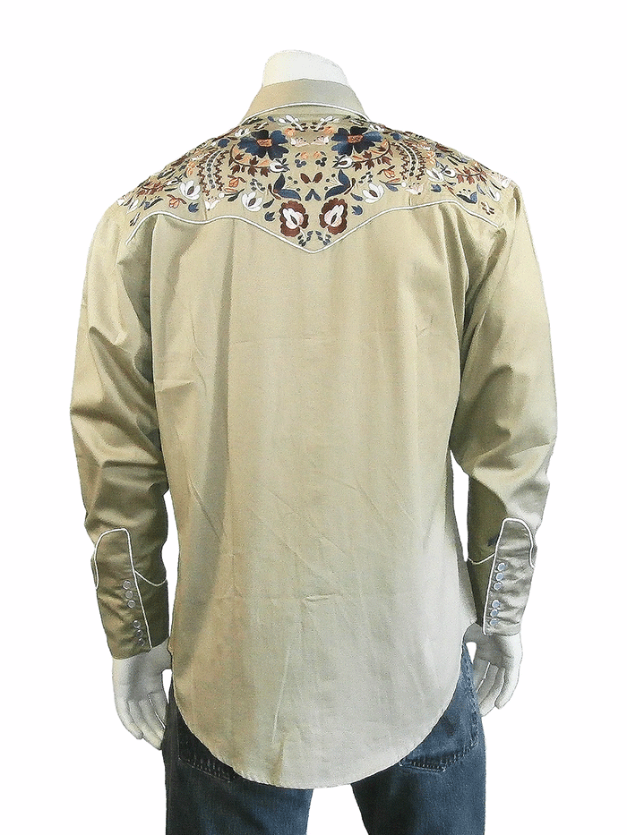 Rockmount 6709 Mens Vintage Floral Embroidery Western Shirt Khaki front view. If you need any assistance with this item or the purchase of this item please call us at five six one seven four eight eight eight zero one Monday through Saturday 10:00a.m EST to 8:00 p.m EST