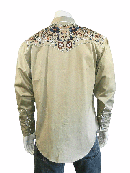 Rockmount 6709 Mens Vintage Floral Embroidery Western Shirt Khaki back view